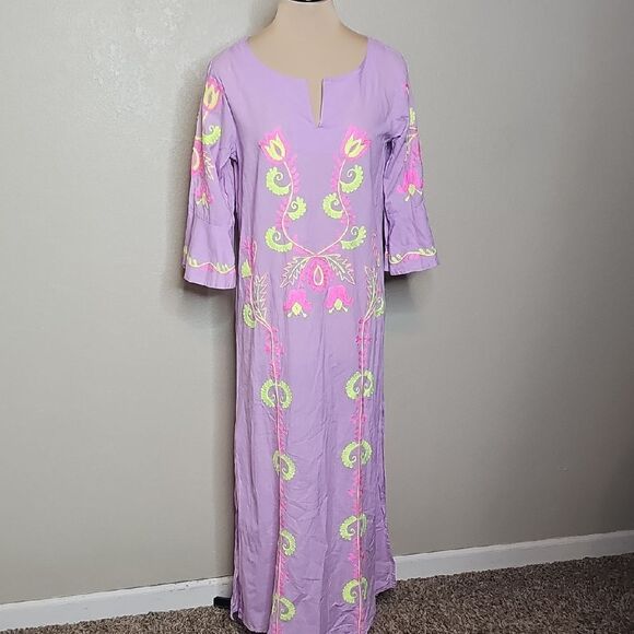 Debbie Katz Delilah Embroidered Caftan Tunic  Dress Lilac Purple‎ Neon Medium - Picture 2 of 10